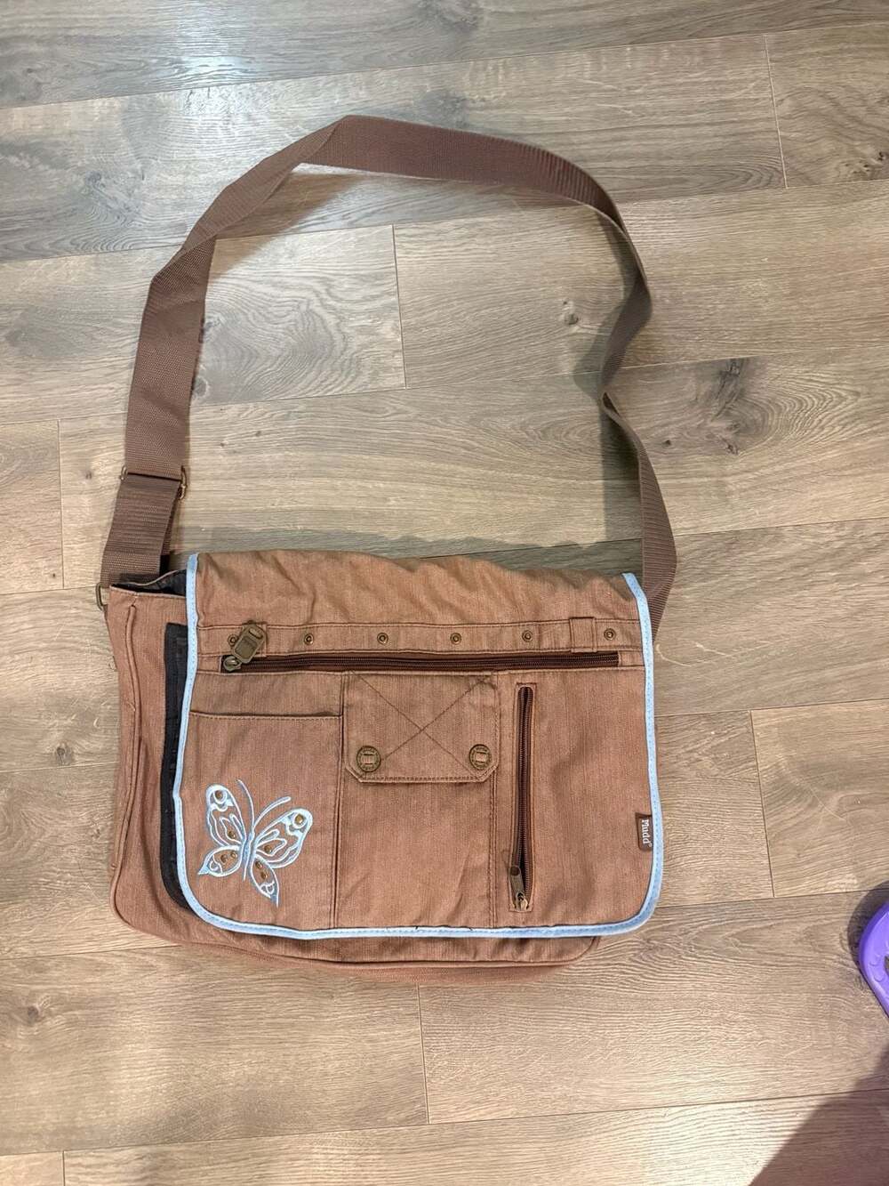 Y2K Mudd Brown Denim Crossbody Messenger Bag with Butterfly Embroidery